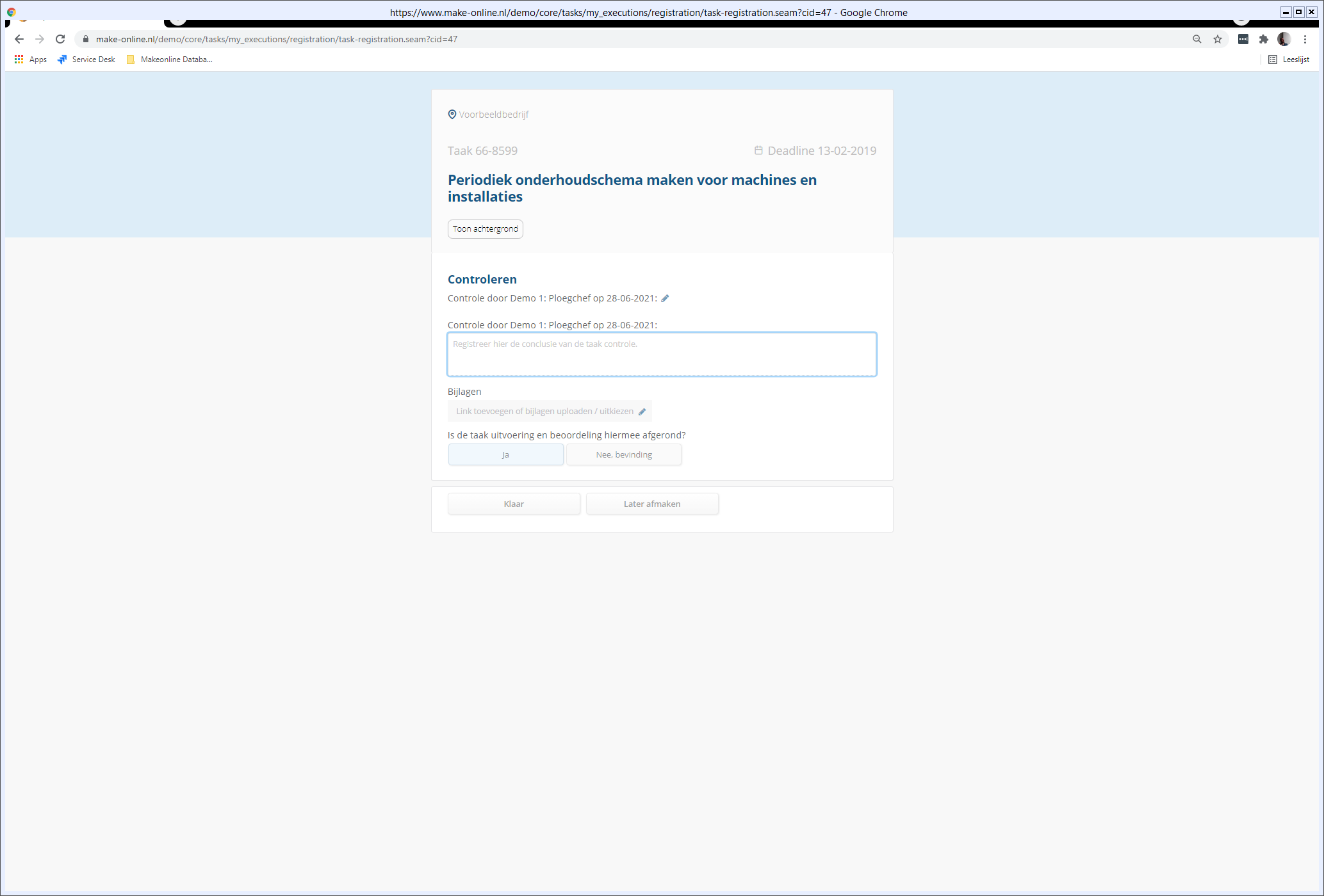 Screenshot taakregistratie